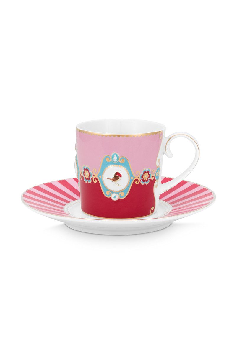 LOVE BIRDS CAPPUCCINO CUP & SAUCER RED/PINK