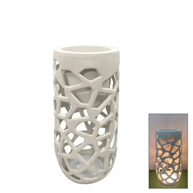 BEIGE FIBERCLAY LARGE POT WITH LED LIGHT