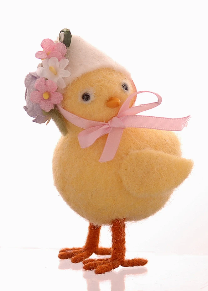 YELLOW CHENILLE CHICKEN WITH PINK HAT