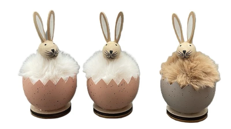 WOOD/PLUSH BEIGE/WHITE/BROWN RABBIT IN EGG RUNT