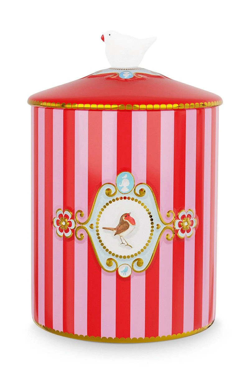 LOVE BIRDS COLLECTION RED-PINK STORAGE JAR MEDALLION STRIPES
