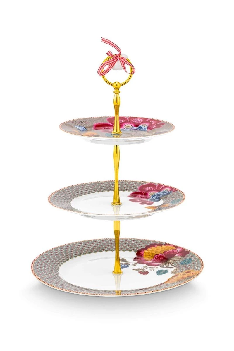 BLOOMING TALES COLLECTION KHAKI-BLUE PORCELAIN CAKE STAND 3/LAYERS