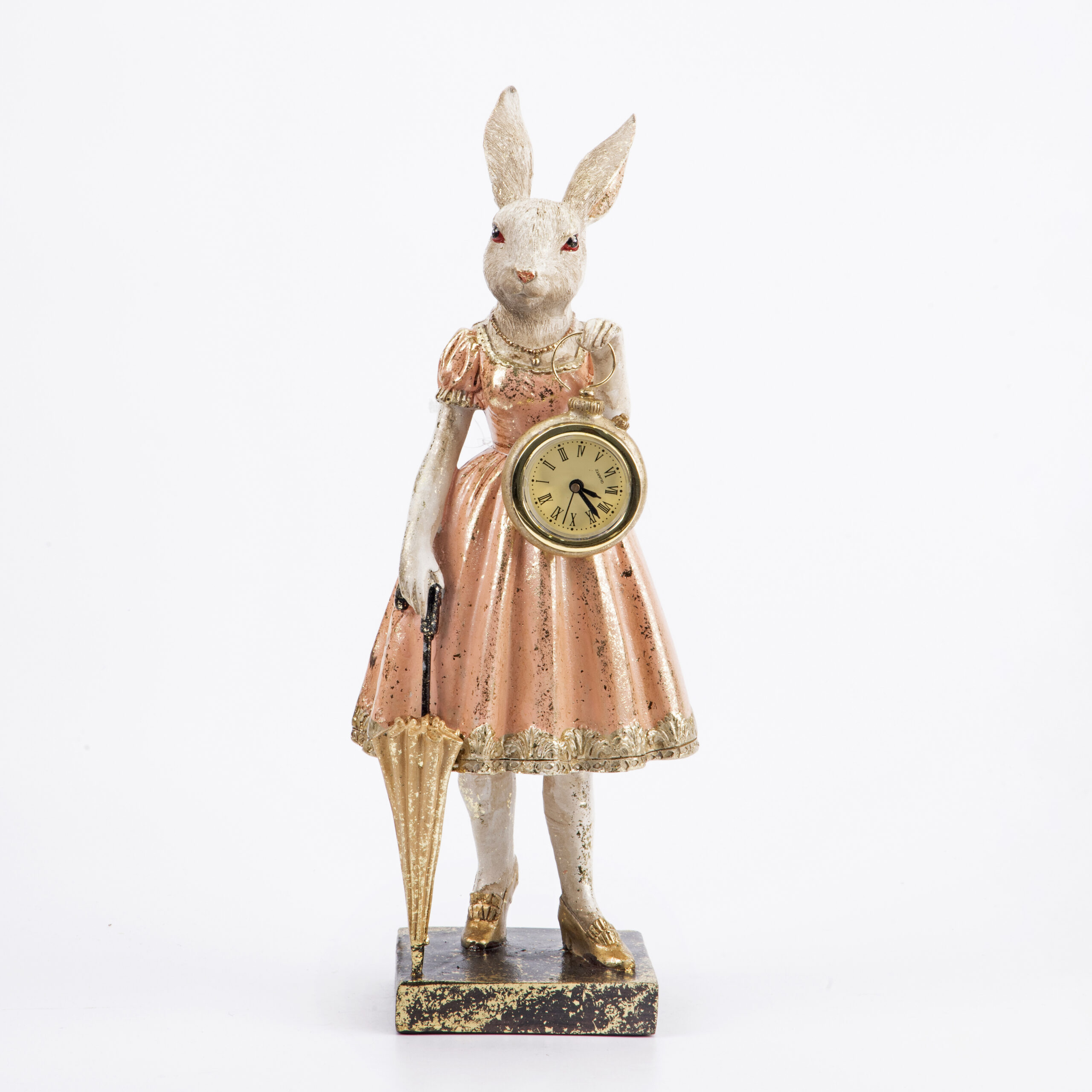 RESIN EASTER WHITE RABBIT WITH WATCH AND UMBRELLA IN PINK DRESS