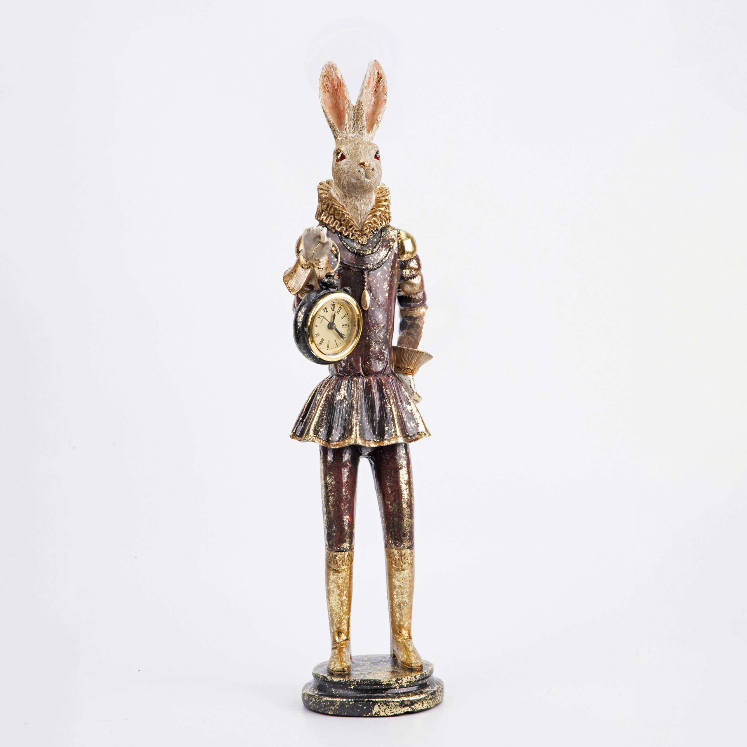 RESIN EASTER WHITE/BURGUNDY RABBIT WITH WATCH