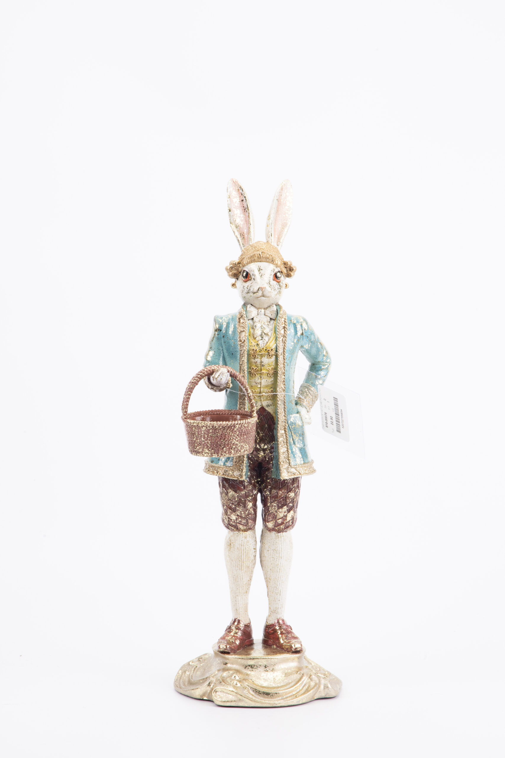 RESIN WHITE RABBIT WITH BASKET BURGUNDY/GREEN/GOLD