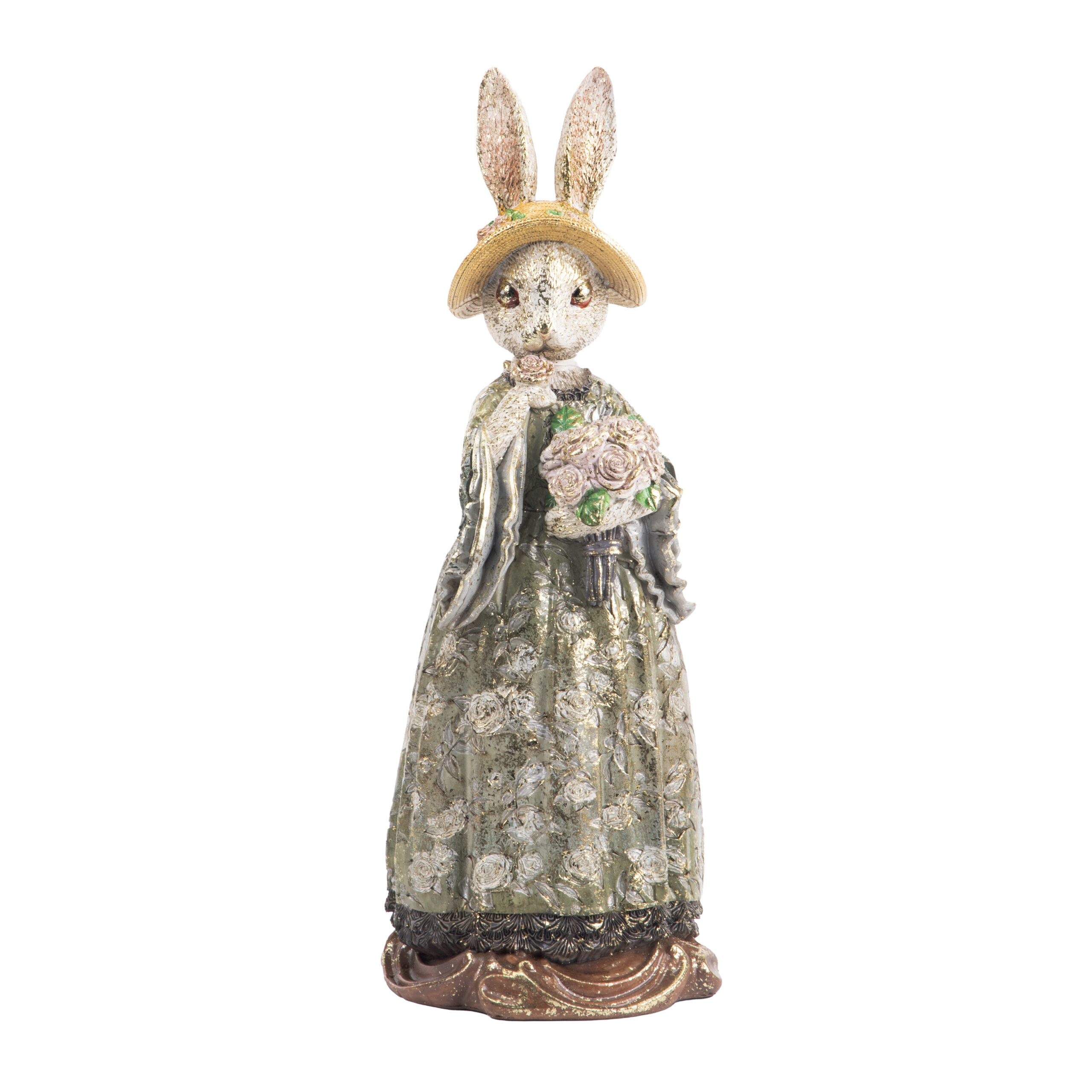 RESIN WHITE RABBIT WITH WATCH AND PINK DRESS AND FLOWERS