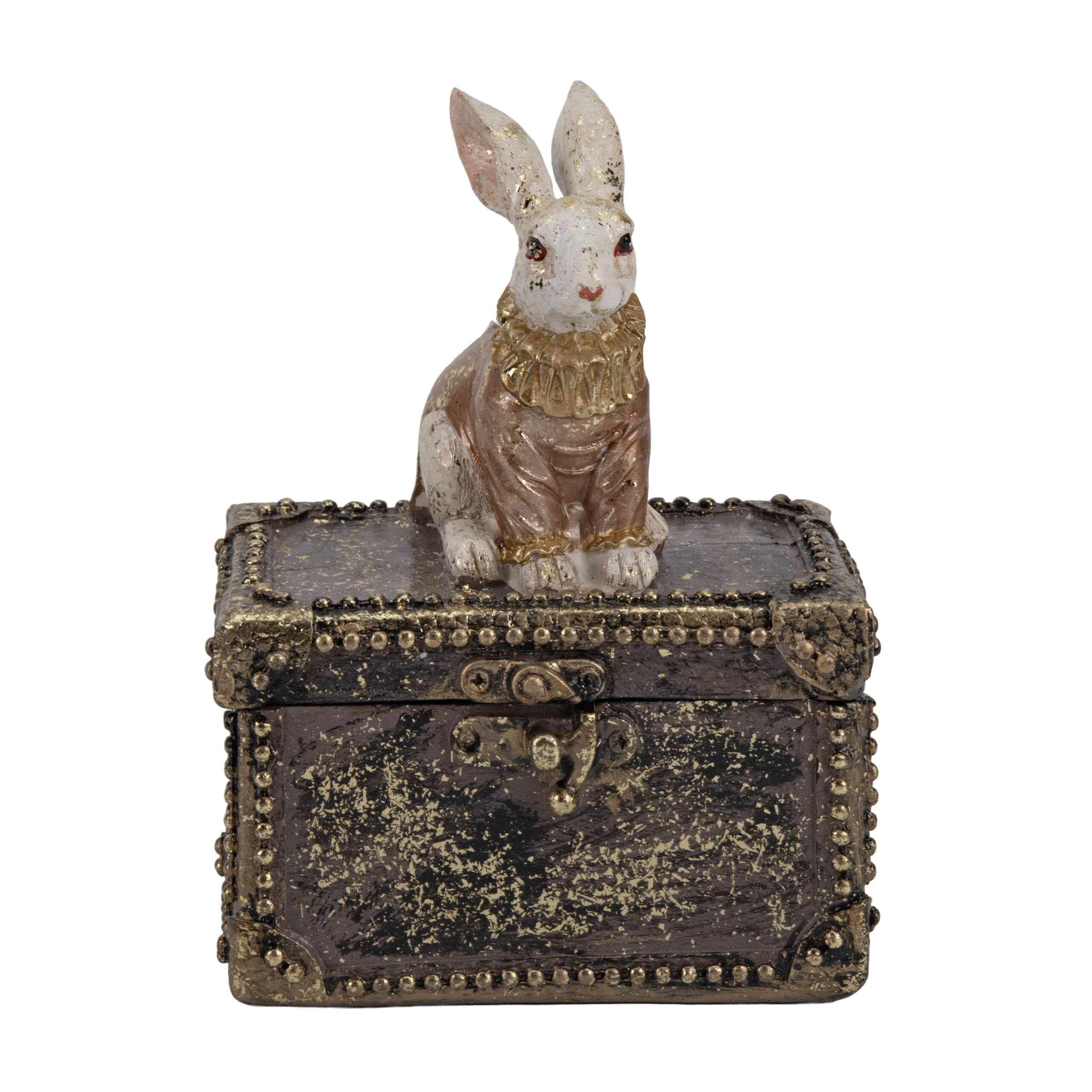 RESIN WHITE/GOLD/RED EASTER RABBIT IN BOX