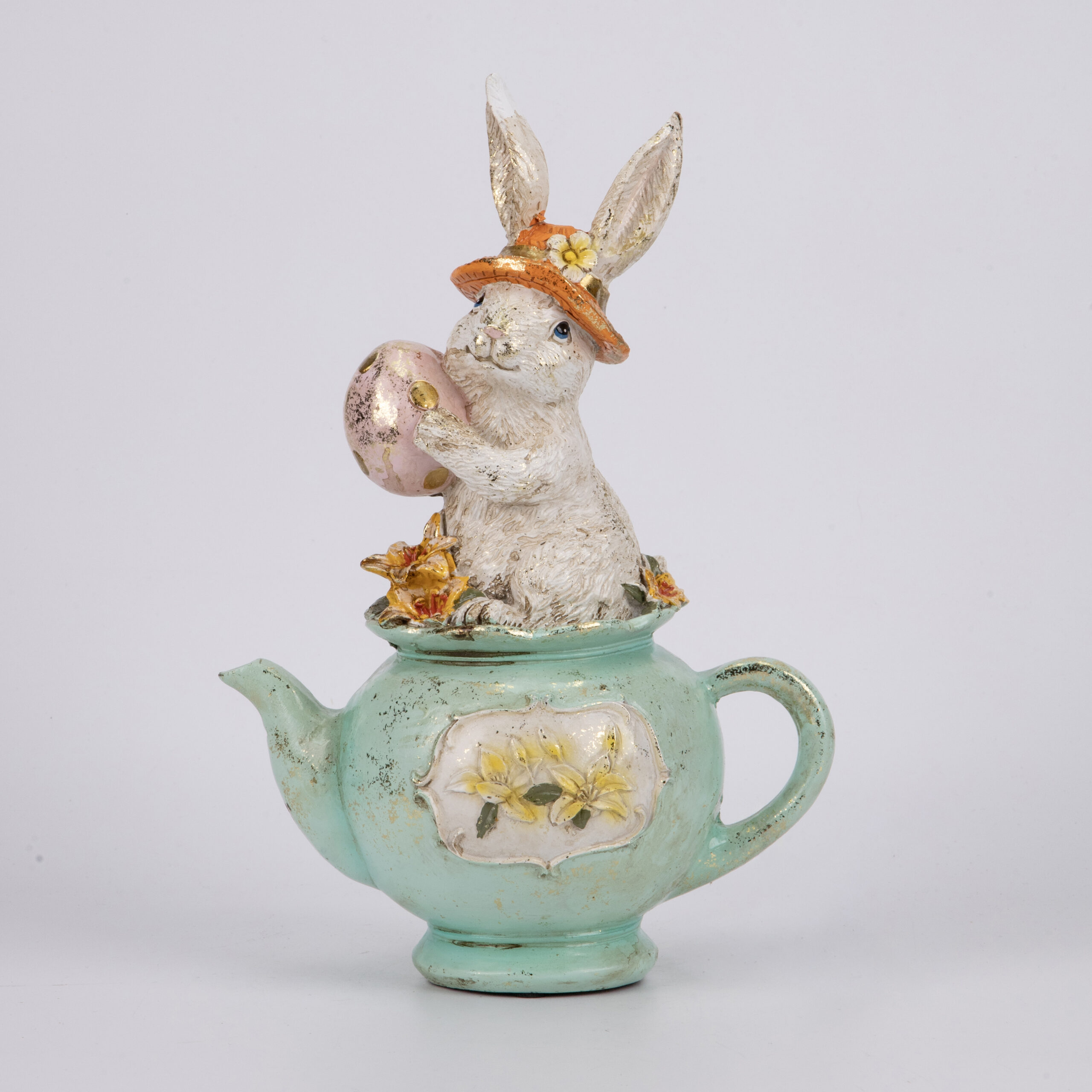 RESIN EASTER WHITE RABBIT IN A TEAPOT MULTICOLOR