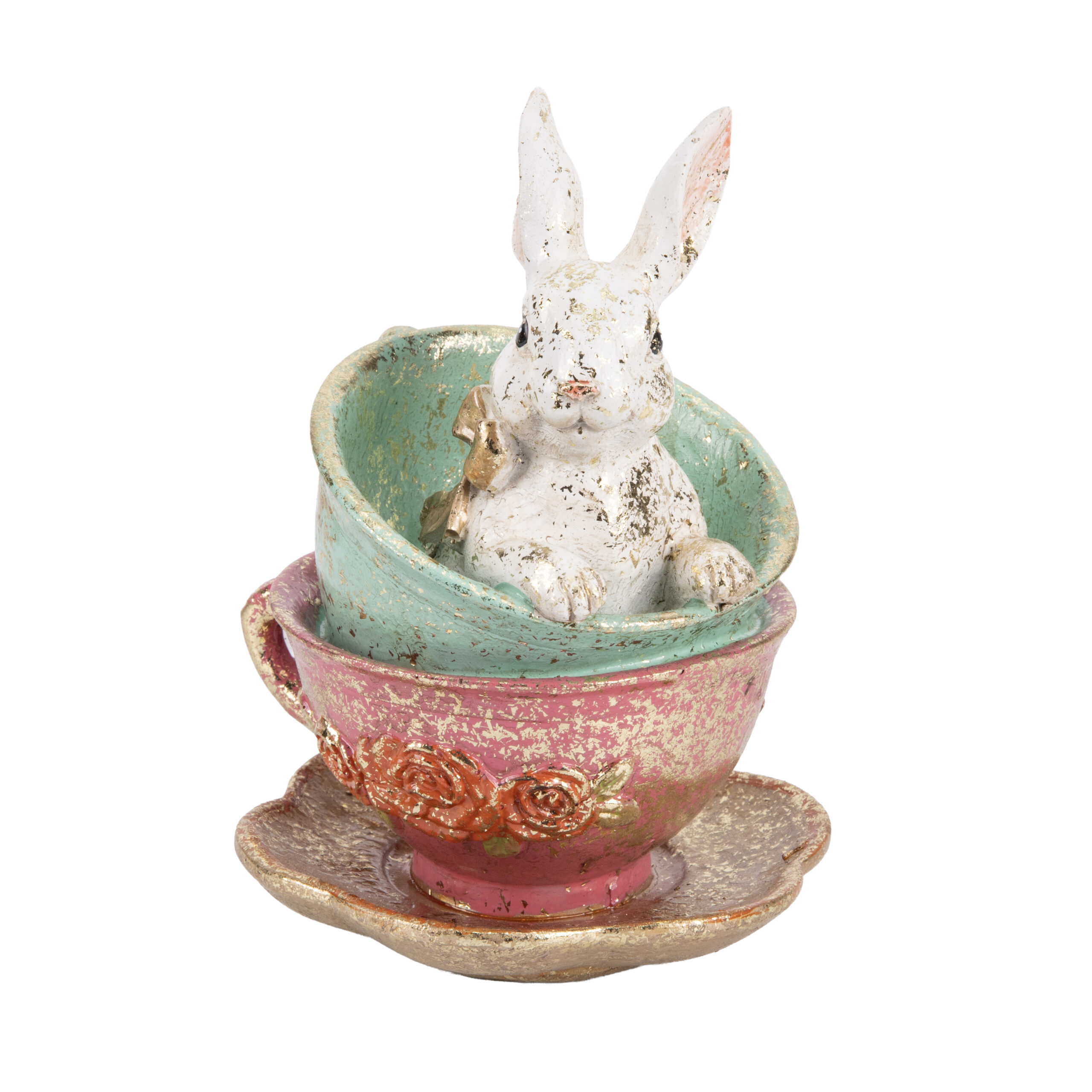 RESIN EASTER WHITE RABBIT IN  CUP GREEN/RED
