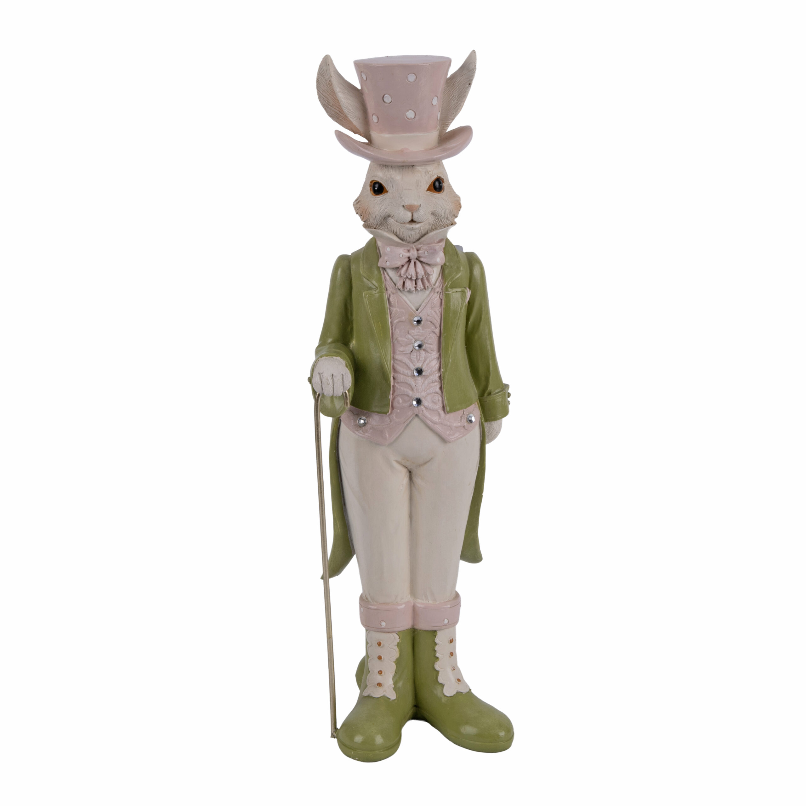 RESIN EASTER WHITE BUNNY WITH A CANE PINK/GREEN