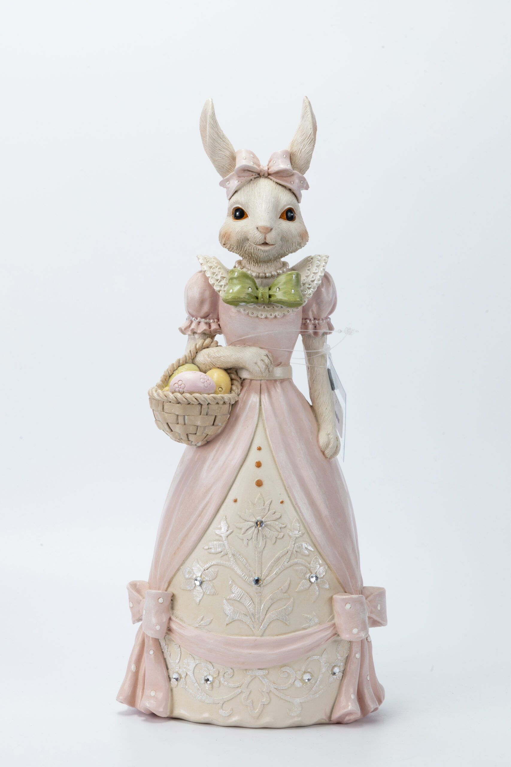 RESIN EASTER WHITE BUNNY WITH BASKET AND PINK DRESS