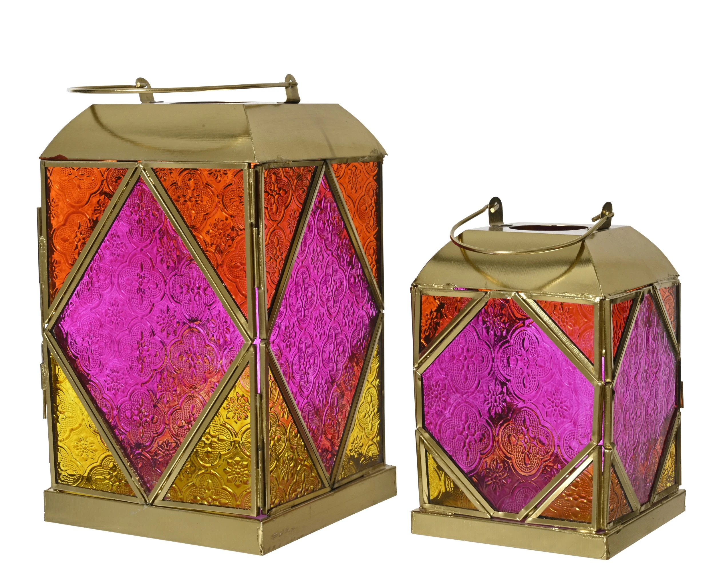 LANTERN LARGE GLASS COLORFLOW PINK SET A 2 WITH HANDLE