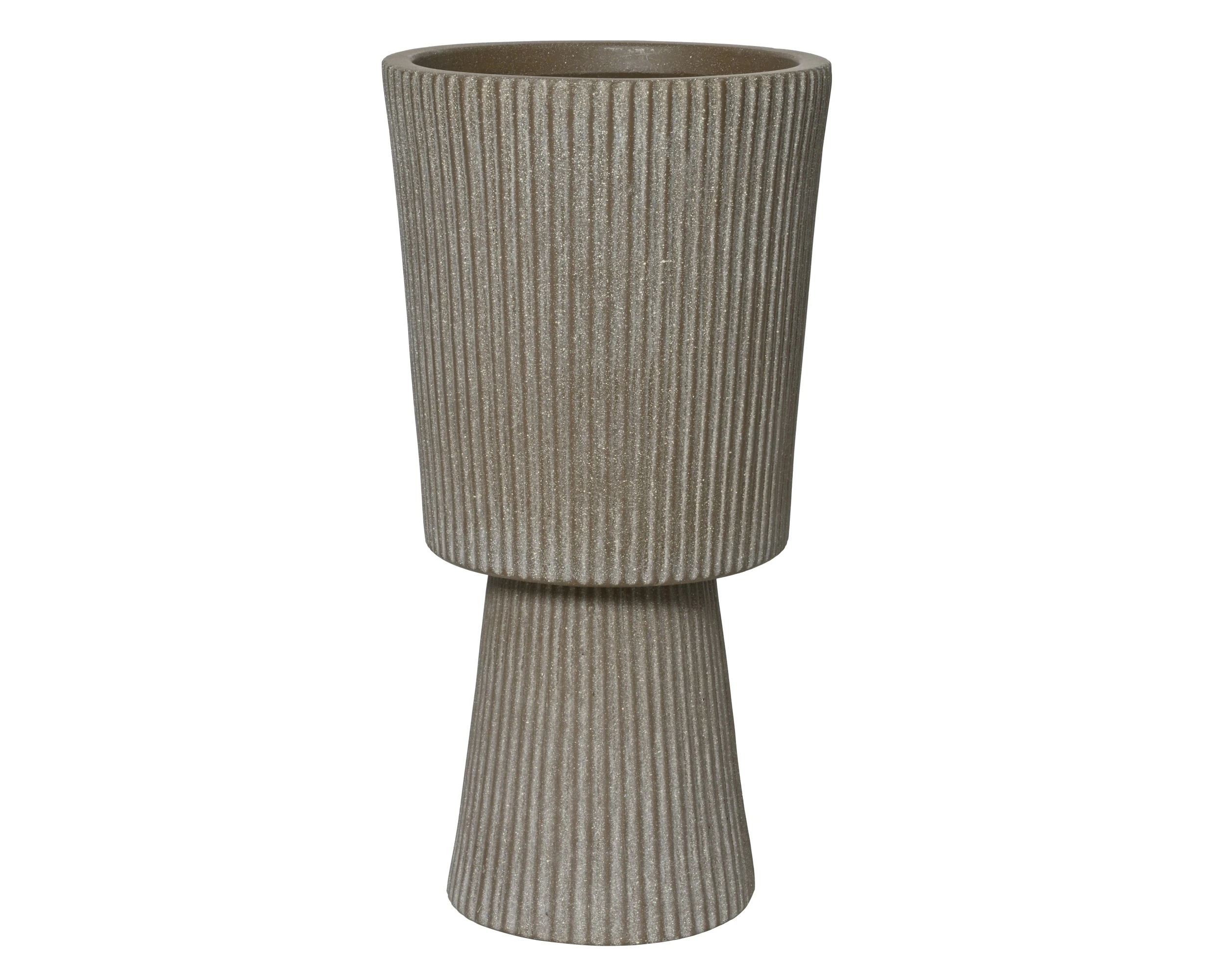 VINCE TAUPE PLANTER FIBRECLAY ROUND VERTICAL RIBS INDOOR/OUTDOOR