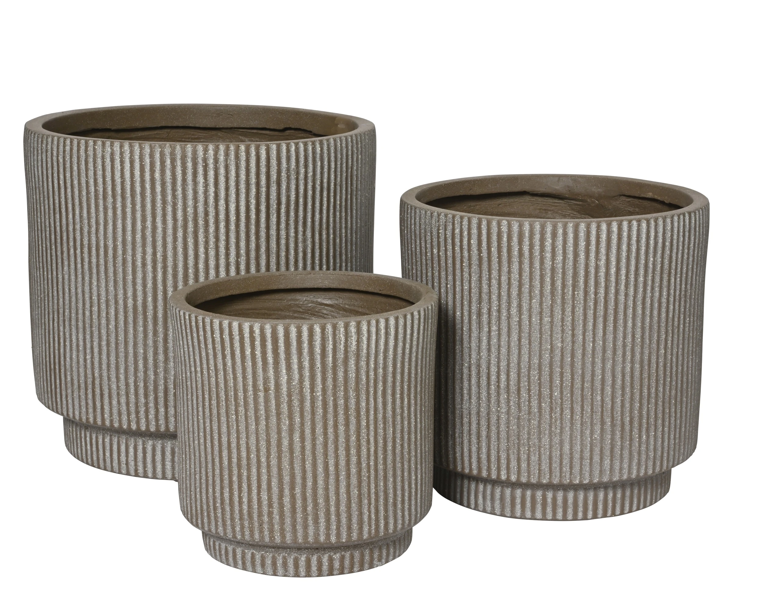 VINCE TAUPE PLANTER FIBRECLAY ROUND VERTICAL RIBS INDOOR/OUTDOOR