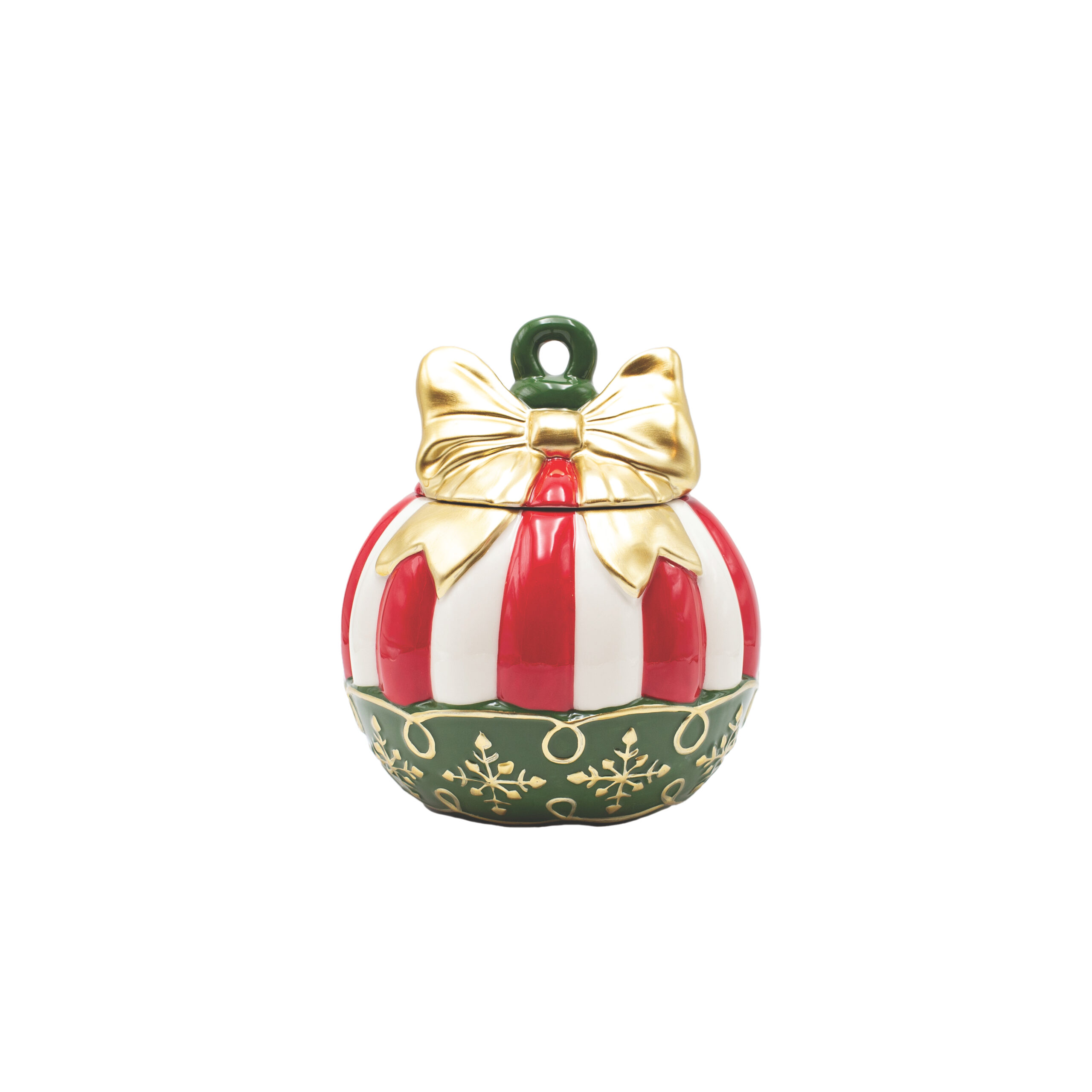 COOKIE CERAMIC JAR XMAS CANDY BALL W GOLD BOW