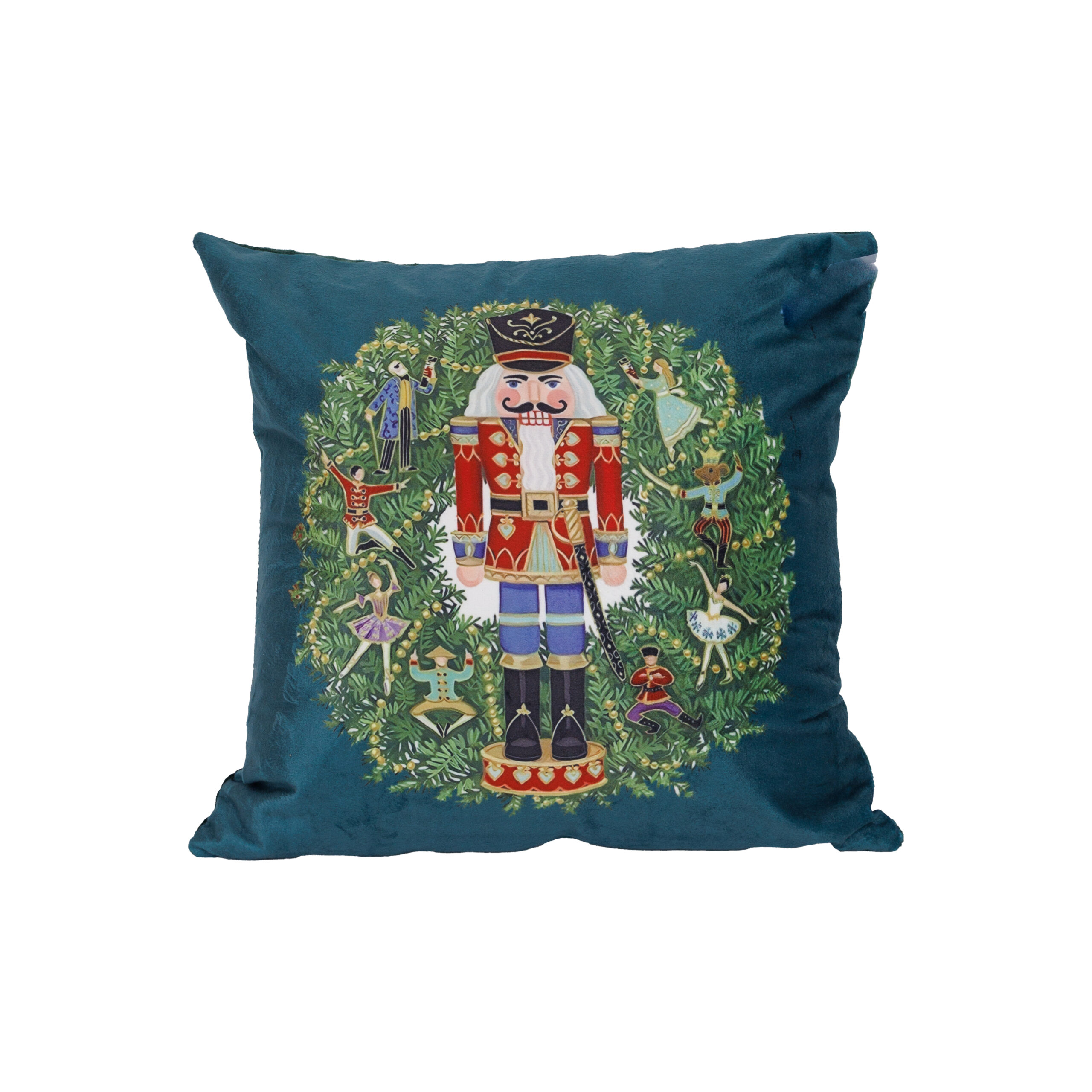 POLYESTER GREEN PILLOW W WREATH AND NUTCRACKER GREEN