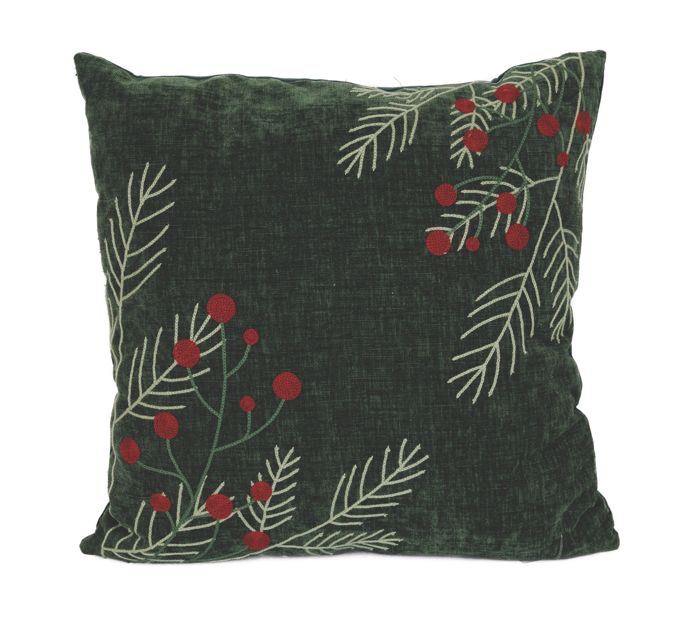 POLYESTER PILLOW GRN VELVET WITH MISTLETOE