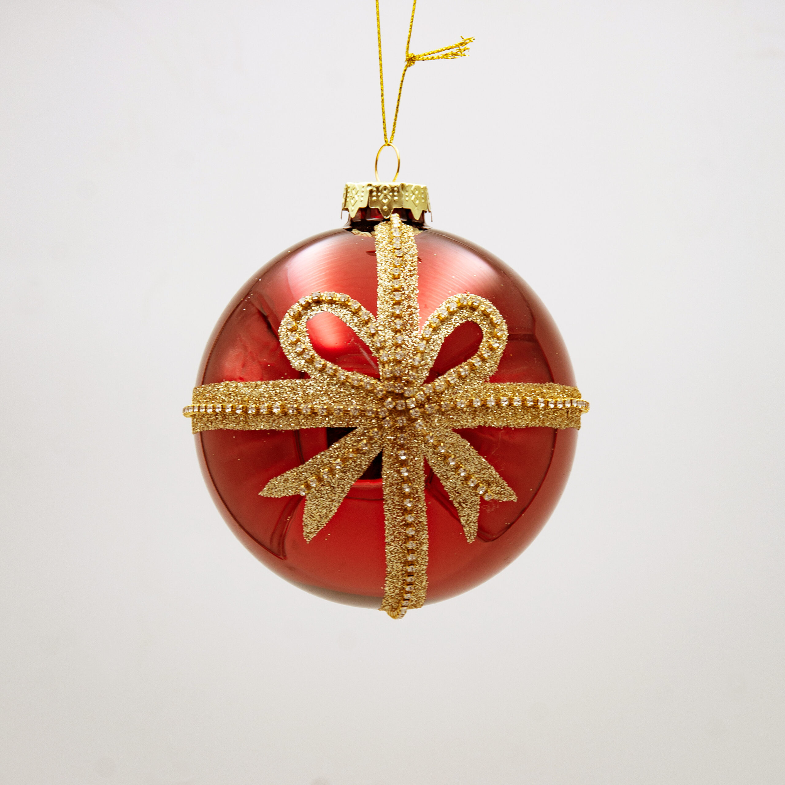 GLASS BALL RED W GOLD BOW SET 4PCS