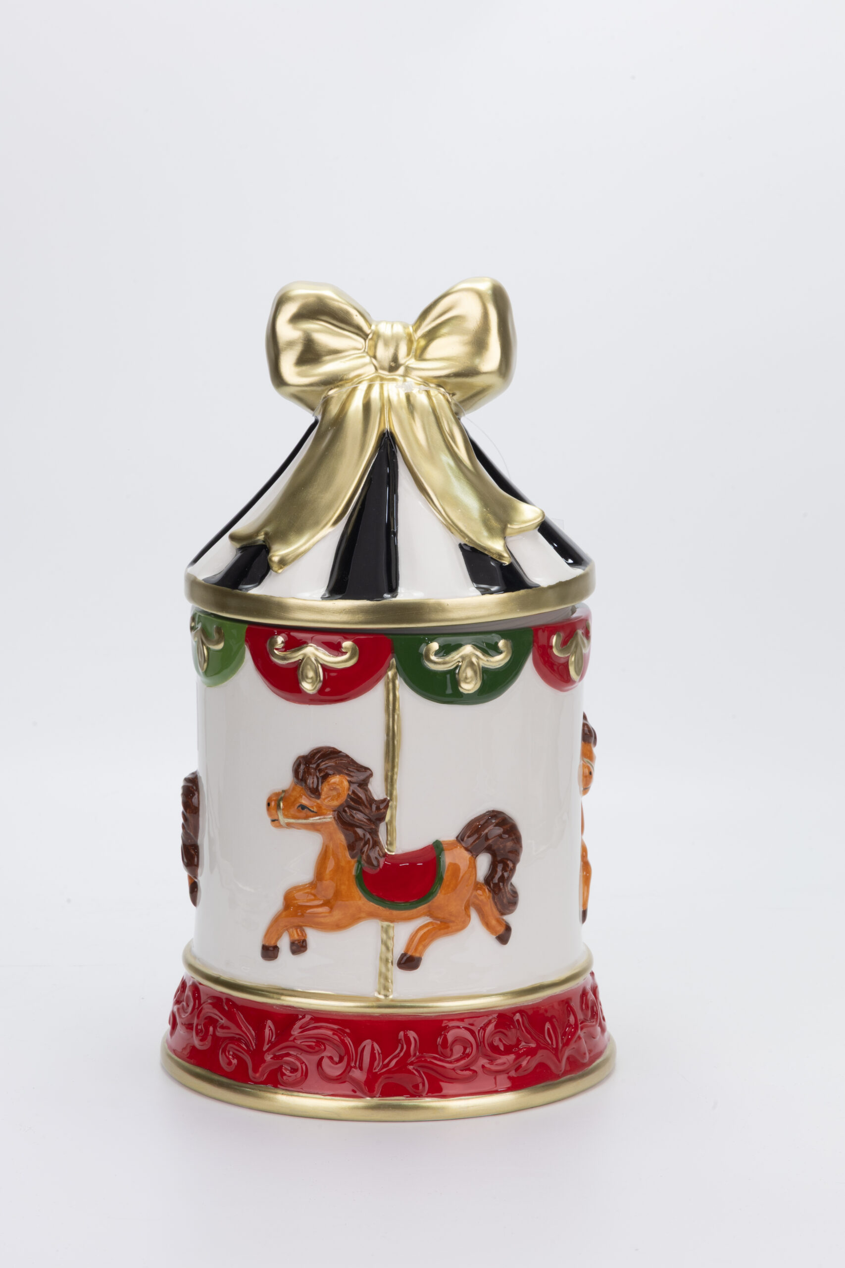 CERAMIC CAROUSEL COOKIE JAR WITH GOLD BOW