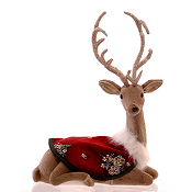 BROWN FLOCKED DEER WITH BURGUNDY/GREEN CAPE DÉCOR H.42CM