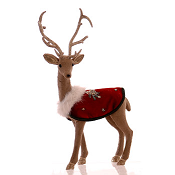 BROWN FLOCKED DEER WITH BURGUNDY/GREEN CAPE DÉCOR H.59CM