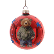 GLASS RED BALL WITH BEAR & STARS DESIGN H.10CM