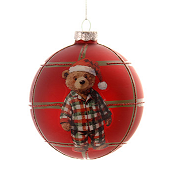 GLASS RED CHECKERED BALL WITH PYJAMA BEAR DESIGN H.10CM