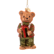 MULTI COLOR GLASS BEAR BOY WITH PRESENT ORNAMENT H.13CM