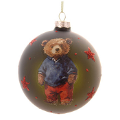 GLASS GREEN BALL WITH BEAR & STARS DESIGN H.10CM