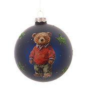 GLASS BLUE BALL WITH BEAR & STARS DESIGN H.10CM