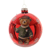 GLASS RED BALL WITH GREEN SHIRT BEAR DESIGN H.10CM