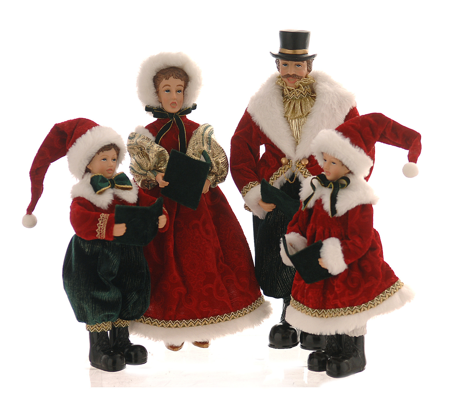 FABRIC RED GREEN WHITE STANDING CAROLING FAMILY (SET/4)