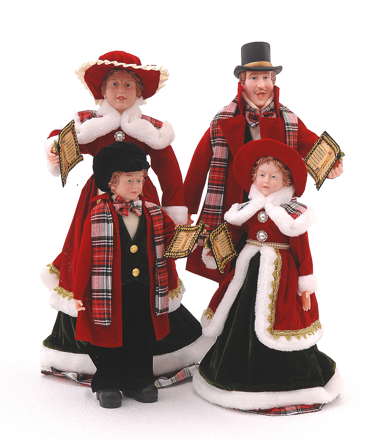 FABRIC RED GREEN GOLD STANDING CAROLING FAMILY (SET/4)