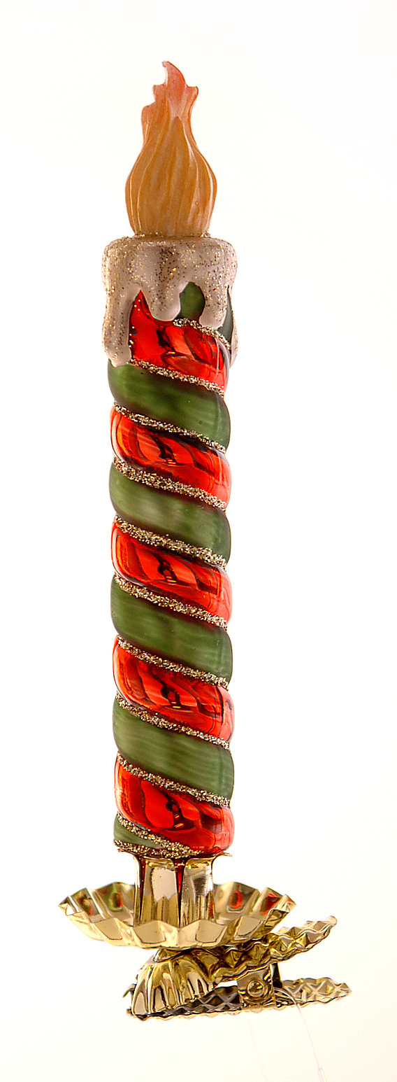 RED/GREEN GLASS CANDLE WITH FLAME AND CLIP H.17CM